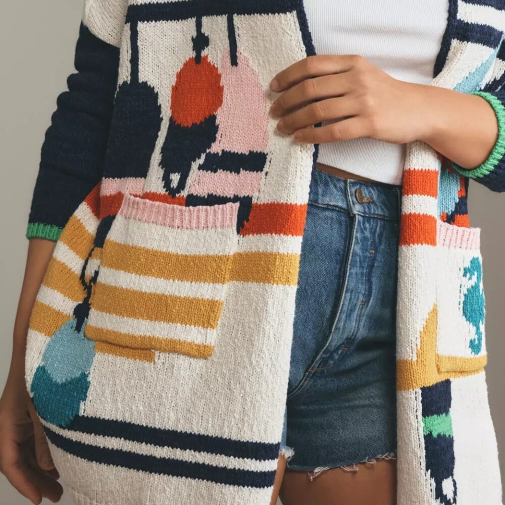 Anthropologie Maeve Nautical Buoy Cardigan Sweater Whale Seahorse 3X NWT Plus - Picture 10 of 10